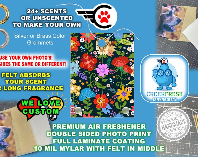 Flower Print - Premium Car Air Freshener Color Print +Felt middle fragrance absorption. Scent or Non-Scent. Both Sides.