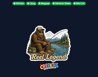 Bigfoot, Sasquatch Fishing Vinyl Sticker, Window Cling or Magnet in UV Laminate Coating