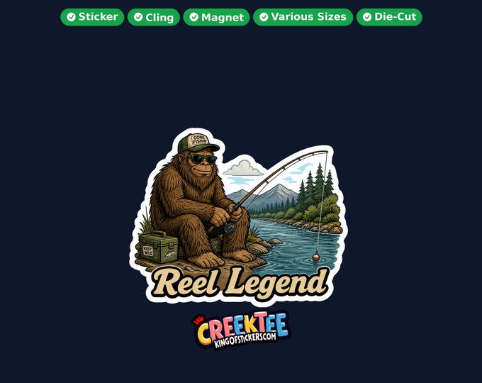 Bigfoot, Sasquatch Fishing Vinyl Sticker, Window Cling or Magnet in UV Laminate Coating