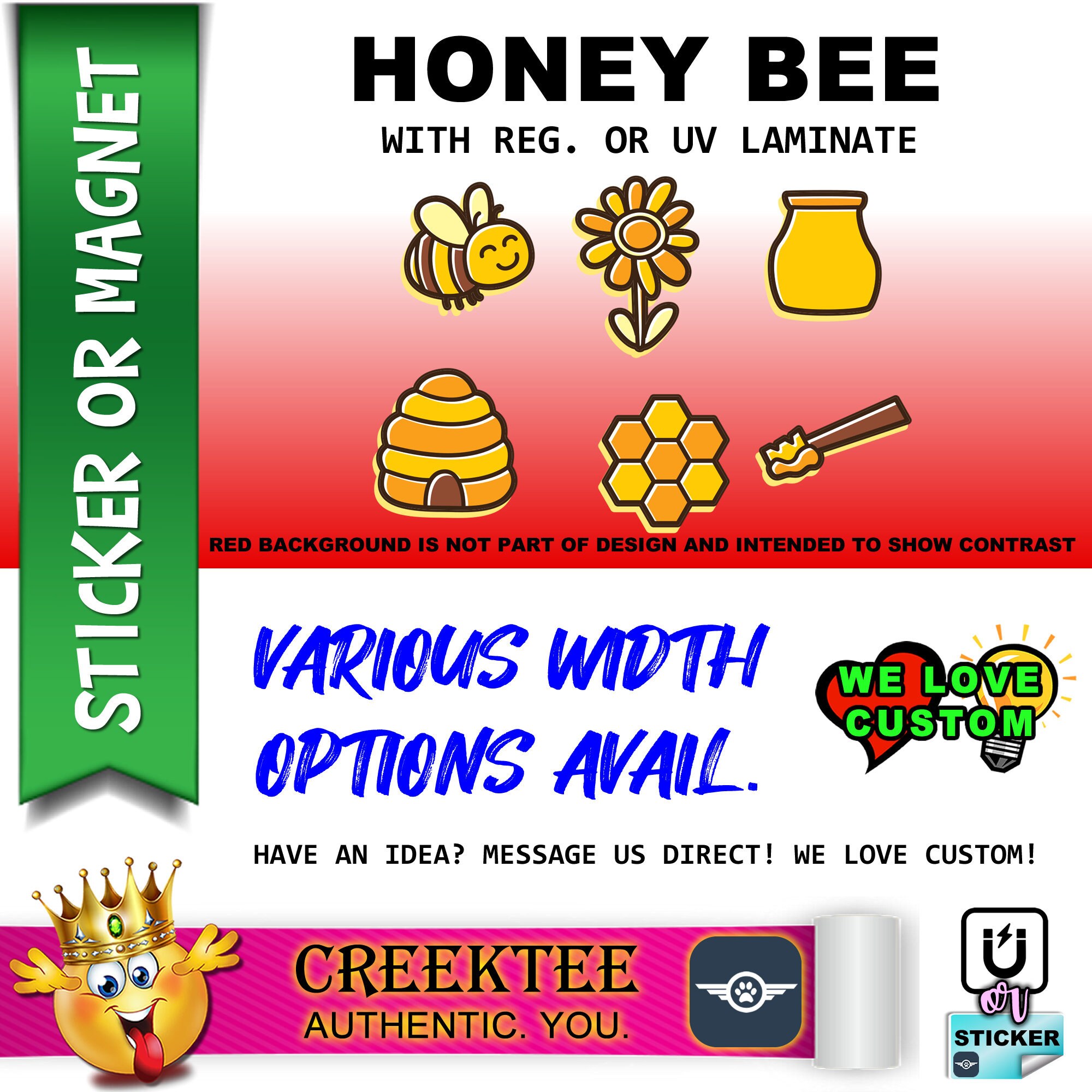 6 Honey Bee Magnet or Sticker Set, 2x2 + various wide Vinyl Sticker, Laminate, UV Laminate and Magnet options!