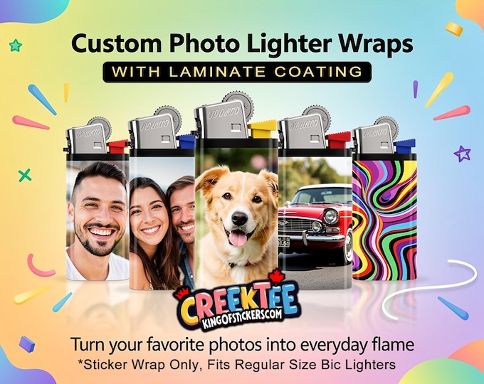 Custom 3x Lighter Sticker Wraps, your photo, text, or images, quantity bundles available, with laminate coating. 3x, 6x, 9x, 18x, 36 plus