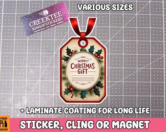 Christmas Gift Tag Vinyl Sticker, Magnet or Window Cling in various sizes coated with UV Laminate options