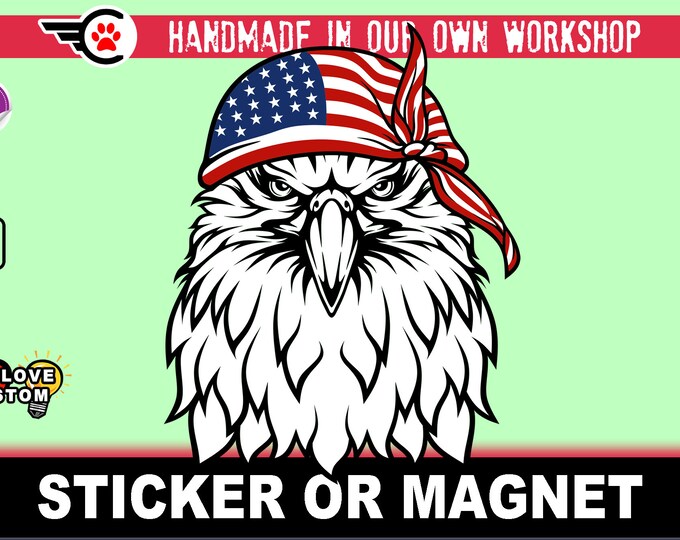 USA Patriotic Eagle vinyl sticker or magnet in various sizes and width's from 3" to 7" with uv laminate protection
