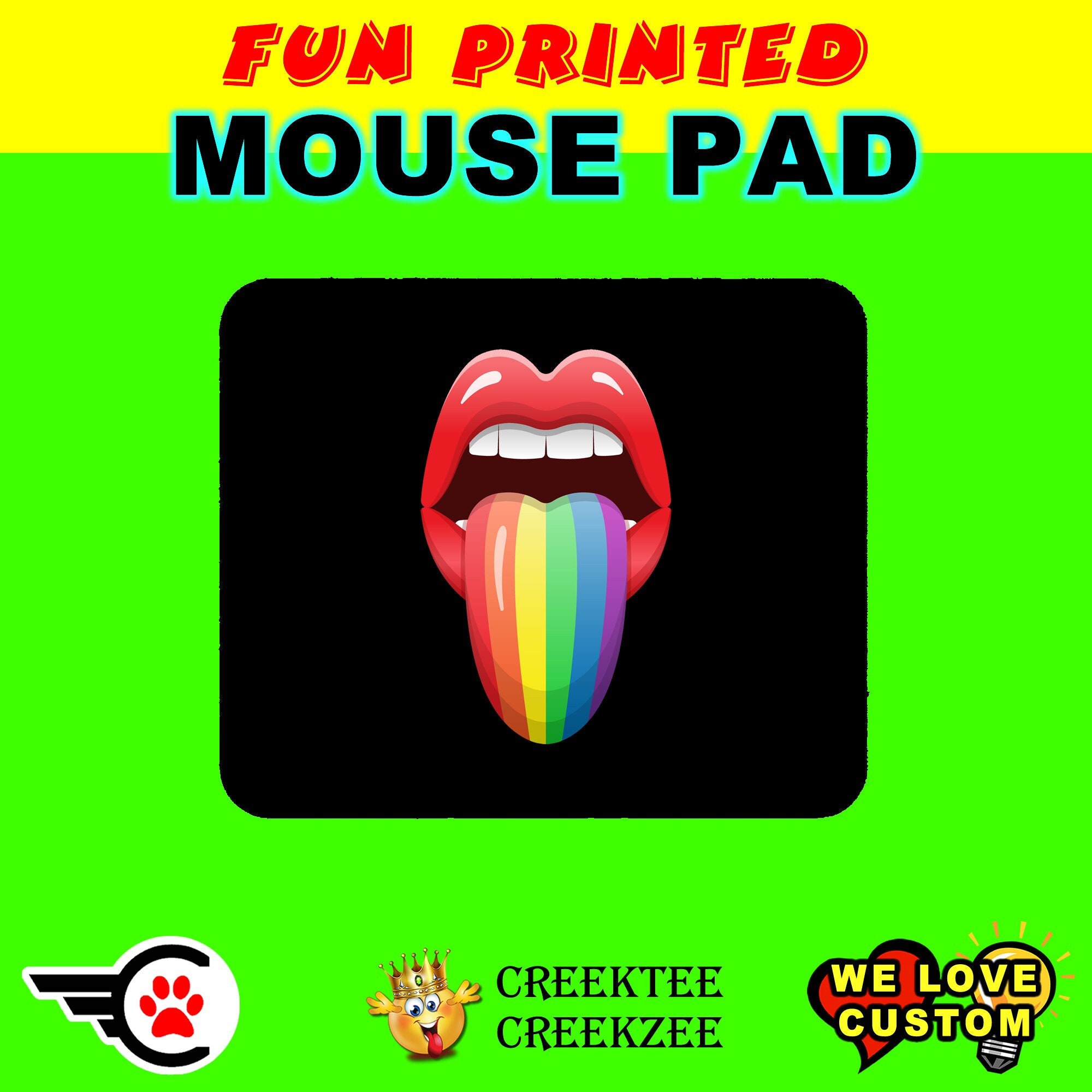 Pride Rainbow Tongue Black Background Printed Custom Mouse Pad - Mouse Pad Thick Non Slip Bottom Smooth or with your custom image or design