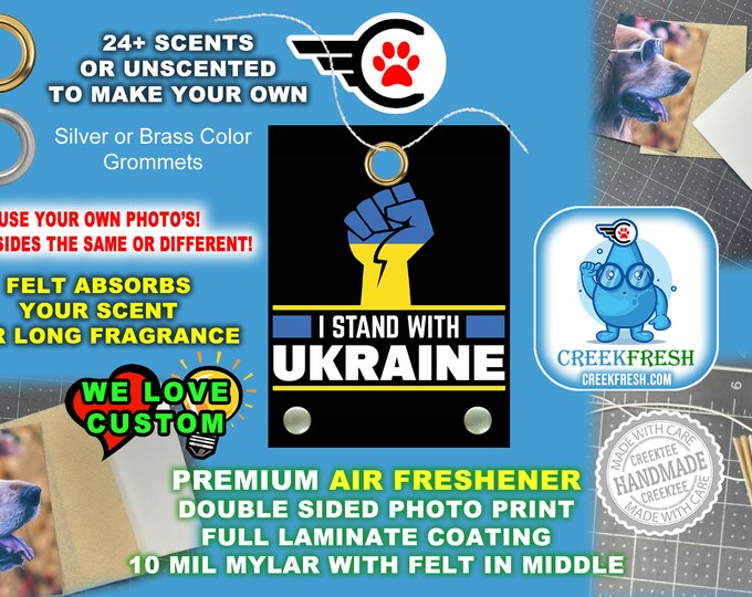 I Stand With Ukraine Premium Air Freshener Color Photo Print with Felt middle for fragrance absorption -Scented or un-Scented - Double Sd.