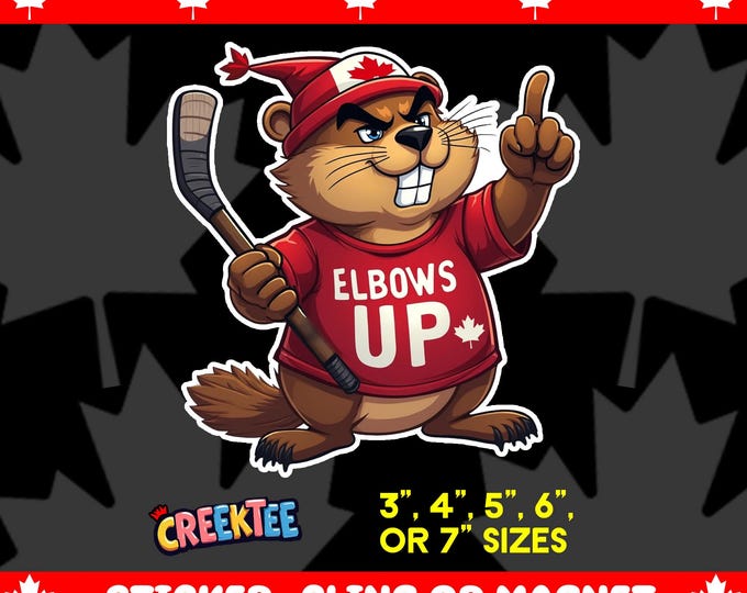 Elbows Up! Canadian Angry Beaver middle finger Bumper Sticker, Magnet, Vinyl Sticker or Window Cling, UV Laminate, laptop, bottle