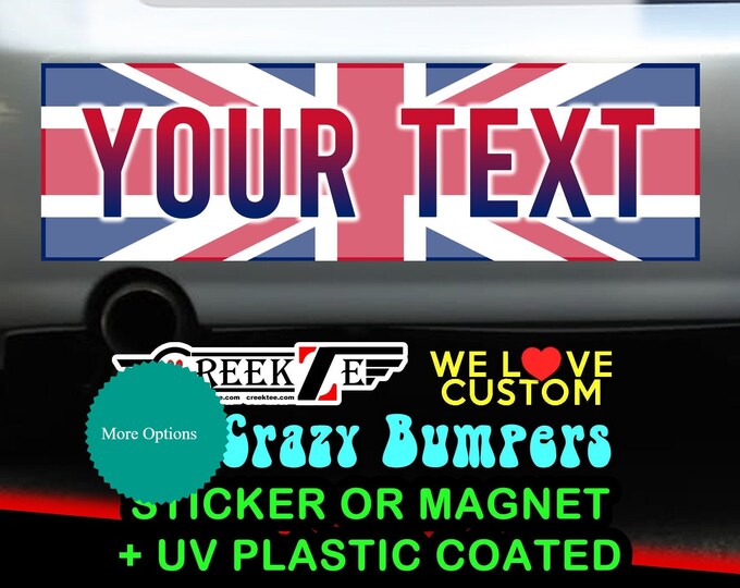 Union Jack or Your Country Flag with Custom Text Bumper Sticker or Magnet sizes 4"x1.5", 5"x2", 6"x2.5", 8"x2.4", 9"x2.7" or 10"x3" sizes
