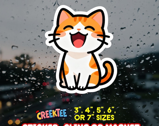 Laughing Cat Vinyl Sticker, Window Cling or Magnet in UV Laminate Coating