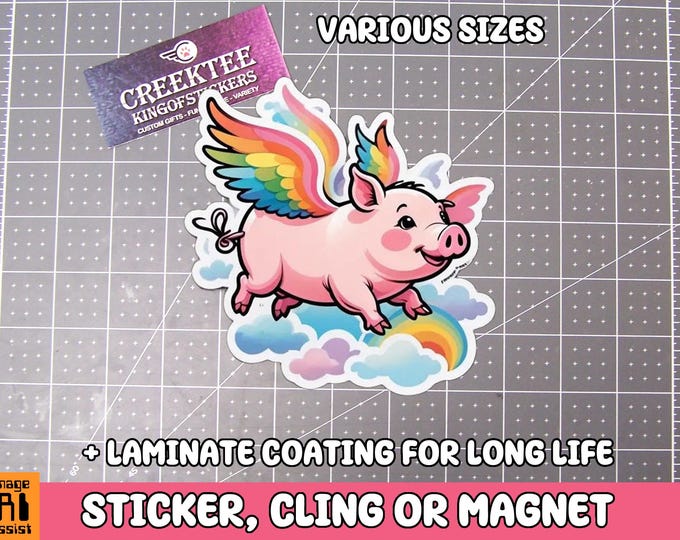 Flying Pig Vinyl Sticker, Window Cling or Magnet in UV Laminate Coating
