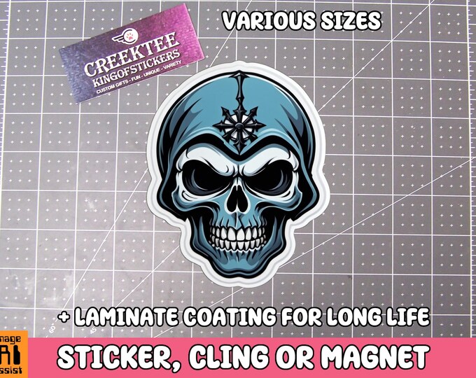 Skull Vinyl Sticker, Magnet or Window Cling in Various Sizes with Laminate Coating
