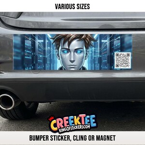 Könnte beinhalten: Ein Stoßstangenaufkleber mit einem futuristischen Robotergesicht mit blauen Augen und einem Netzwerk-Hintergrund. Der Aufkleber hat oben den Text "VARIOUS SIZES" und unten "CREEKTEE KINGOFSTICKERSCOM" und "BUMPER STICKER, CLING OR MAGNET".