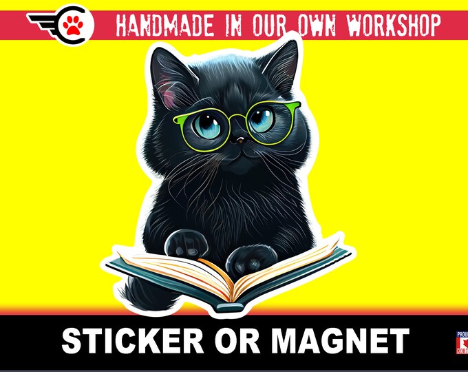 Cute black cat reading, Die-Cut sticker or magnet in various sizes , 3" to 7" coated with UV Laminate Premium Sticker or Magnet