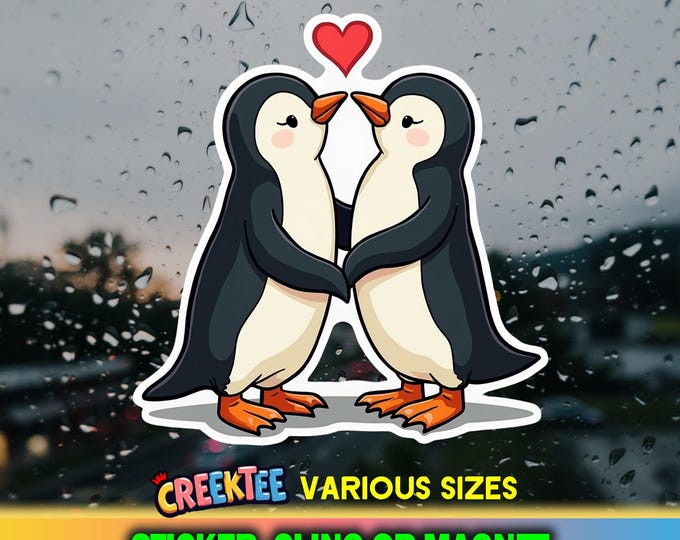 Penguins in Love Die-Cut Vinyl Sticker, Magnet or Window Cling in Various Sizes, UV Laminate Coating