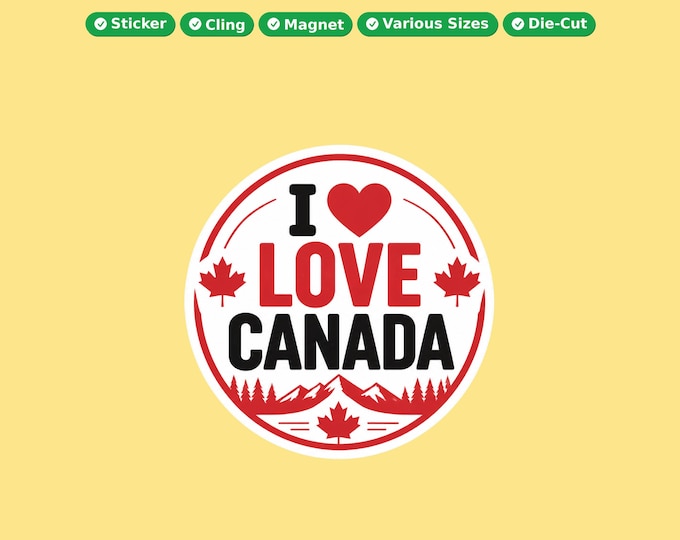 I Love Canada Round Bumper Sticker, Magnet, Vinyl Sticker or Window Cling, UV Laminate Coating, laptop, water bottle