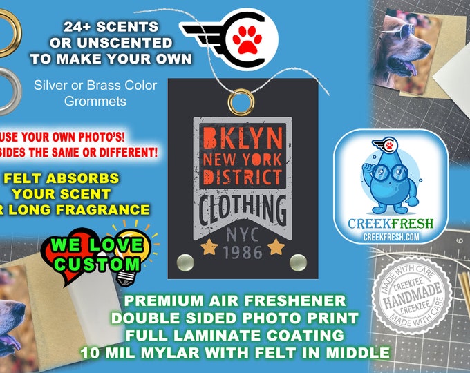 BKLYN NY District Clothing - Premium Car Air Freshener Color Print +Felt middle fragrance absorption. Scent or Non-Scent. Both Sides.