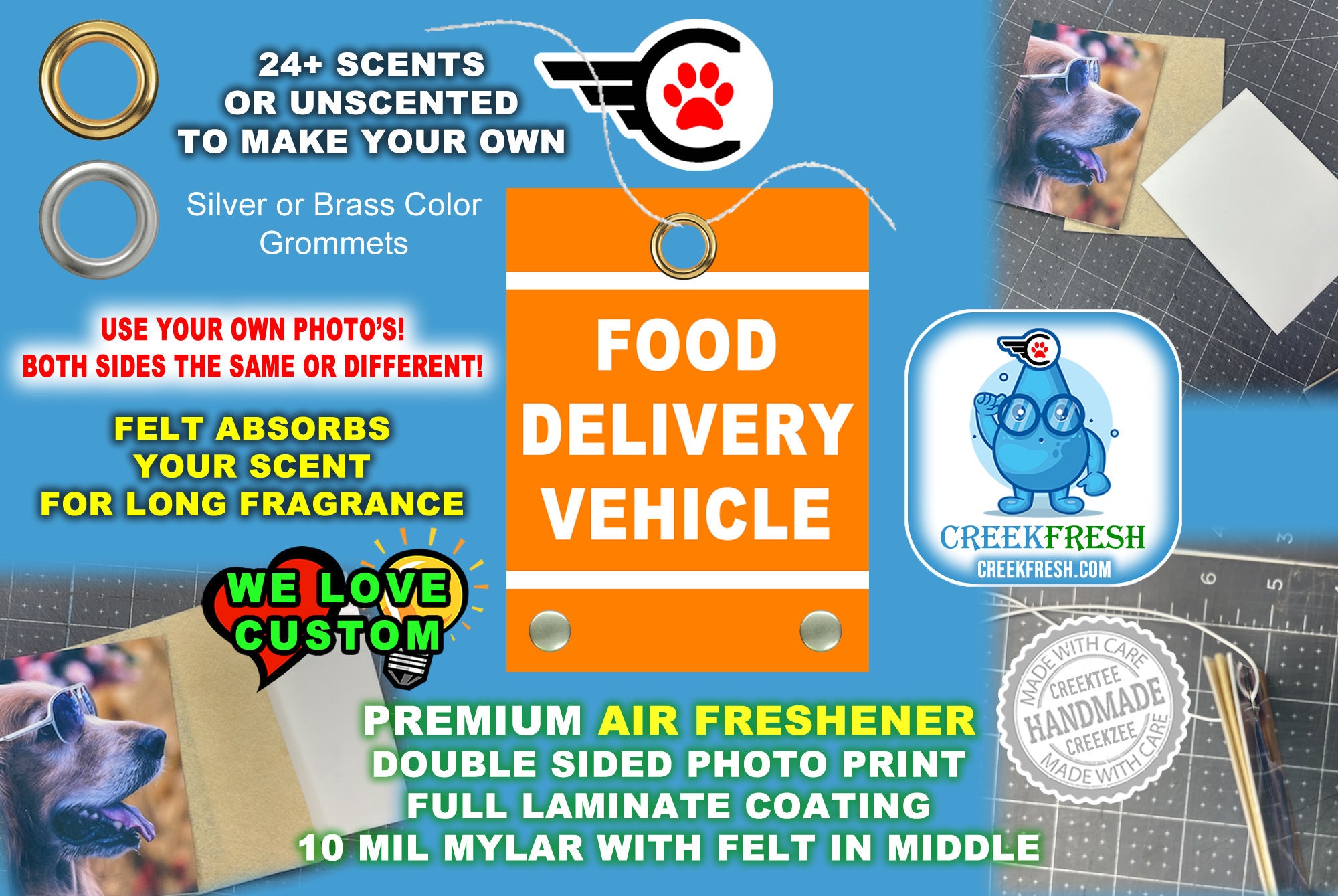 Food Delivery Vehicle - Premium Car Air Freshener Color Print +Felt middle fragrance absorption. Scent or Non-Scent. Both Sides.