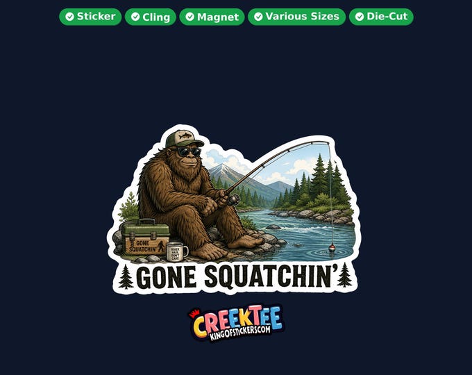 Bigfoot, Sasquatch Fishing Vinyl Sticker, Window Cling or Magnet in UV Laminate Coating