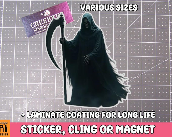 Grim Reaper Vinyl Sticker, Window Cling or Magnet in UV Laminate Coating