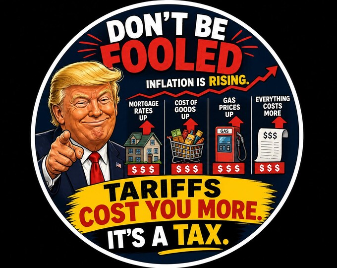 USA Tariffs cost you more Round Bumper Sticker, Magnet, Vinyl Sticker or Window Cling, UV Laminate Coating, laptop, water bottle