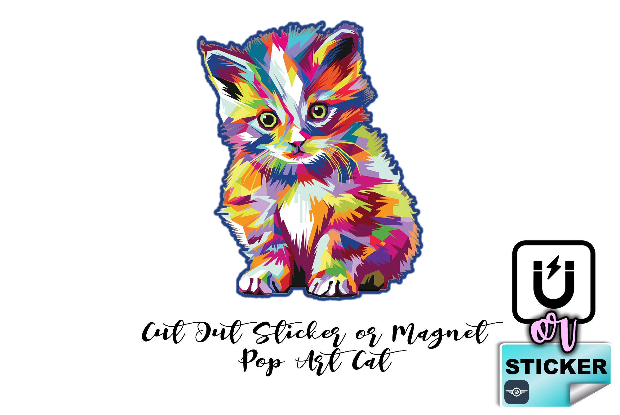 Die Cut Pop Art Cat sticker or magnet in various wide, vinyl OR standard sticker,
