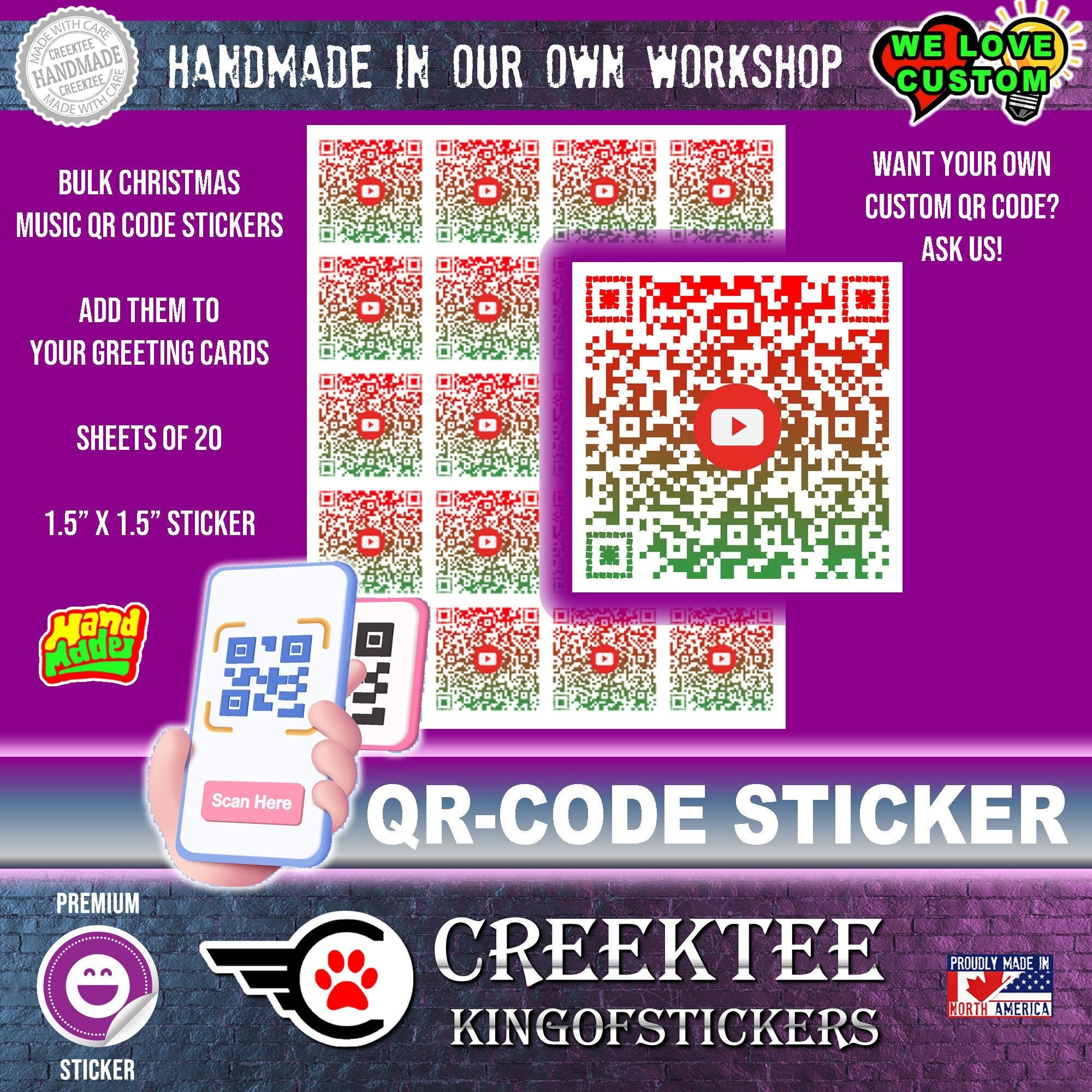 1.5 inch x 1.5 inch Christmas or Custom QR-Code Stickers in sheets of 20