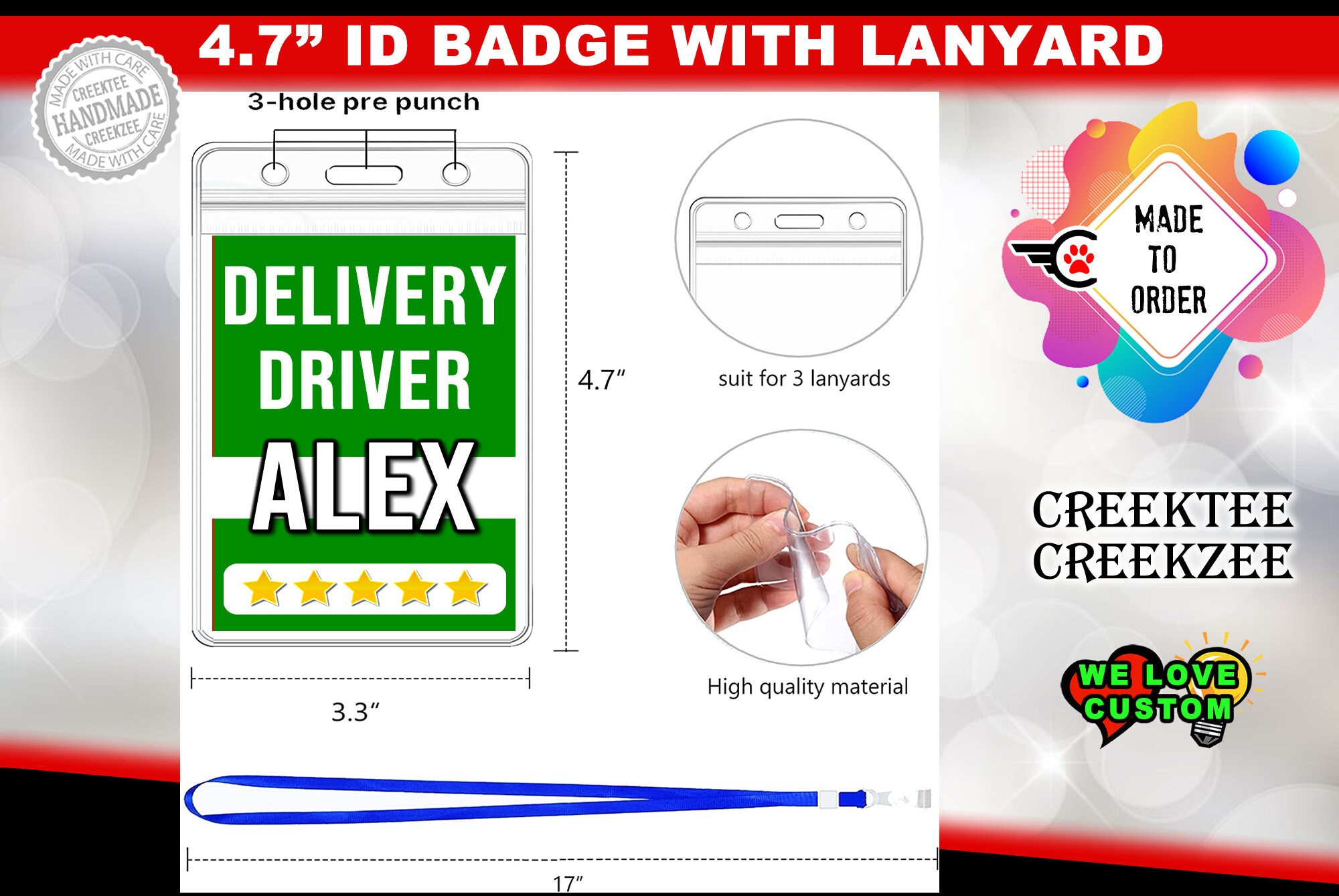Food Delivery  ID Badge customizable with optional double sided plus 17