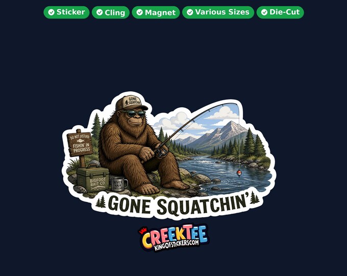 Bigfoot, Sasquatch Fishing Vinyl Sticker, Window Cling or Magnet in UV Laminate Coating