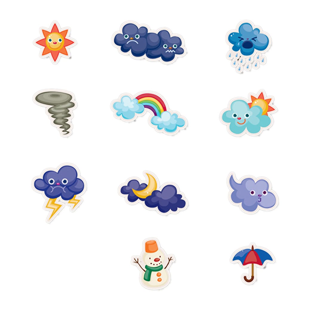 11 Fun weather Stickers - 1 inch wide by up to 1.5 inch high - great for lunch boxes or anything! 11 Fun weather Stickers - 1 inch wide by up to 1.5 inch high - great for lunch boxes or anything!