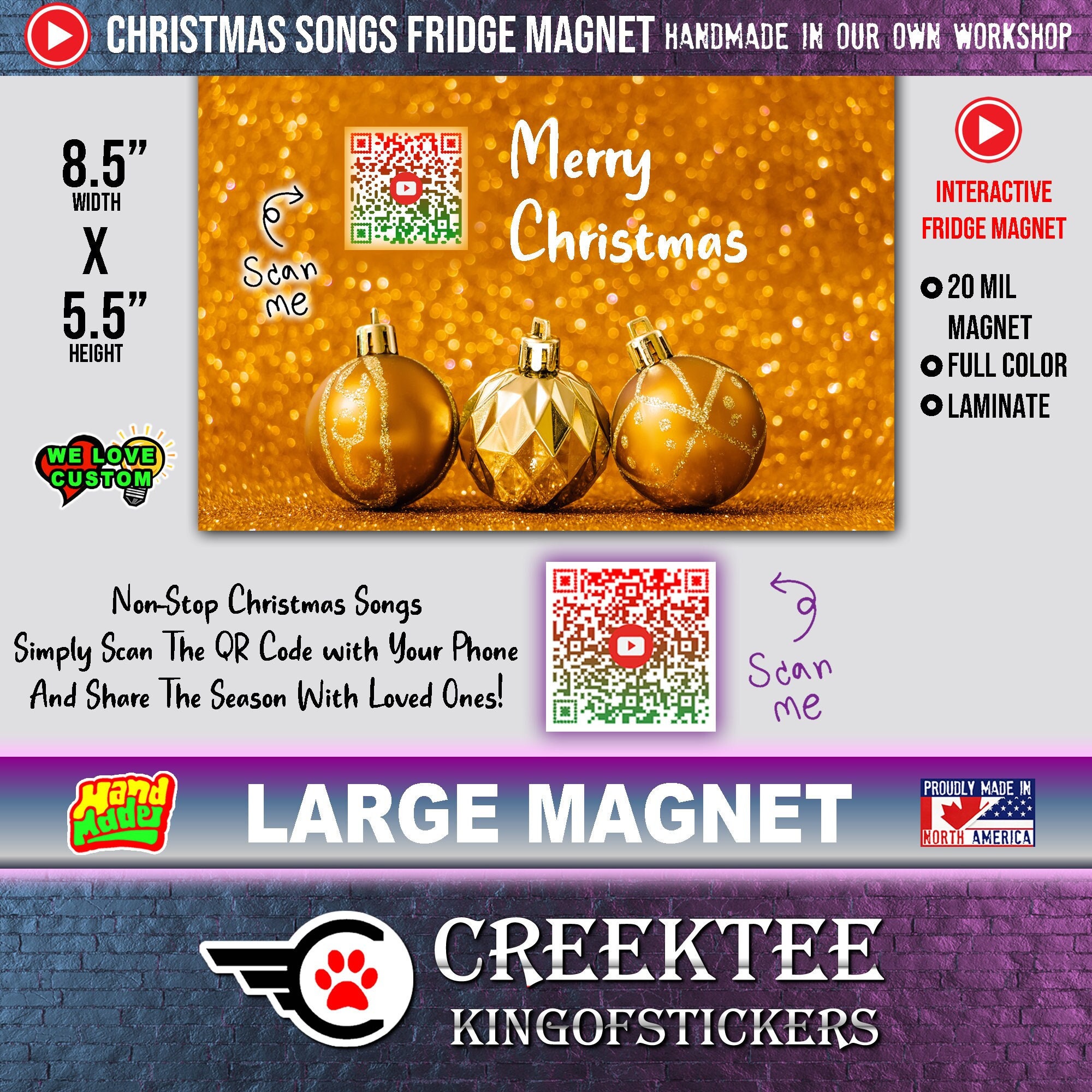 QR Code Audio Christmas Large Magnet Come To Life. 5.5 inch high x 8.5 inch wide 20mil magnet laminated full color print. Customizable