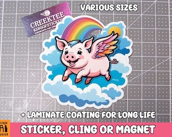 Flying Pig Vinyl Sticker, Window Cling or Magnet in UV Laminate Coating
