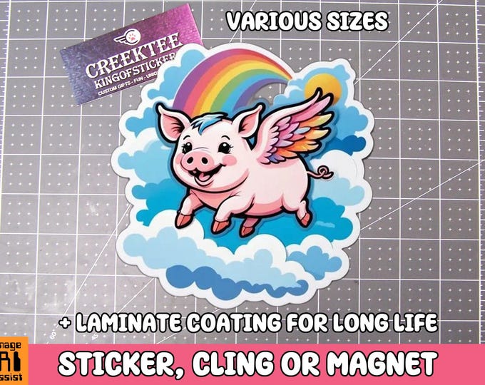 Flying Pig Vinyl Sticker, Window Cling or Magnet in UV Laminate Coating