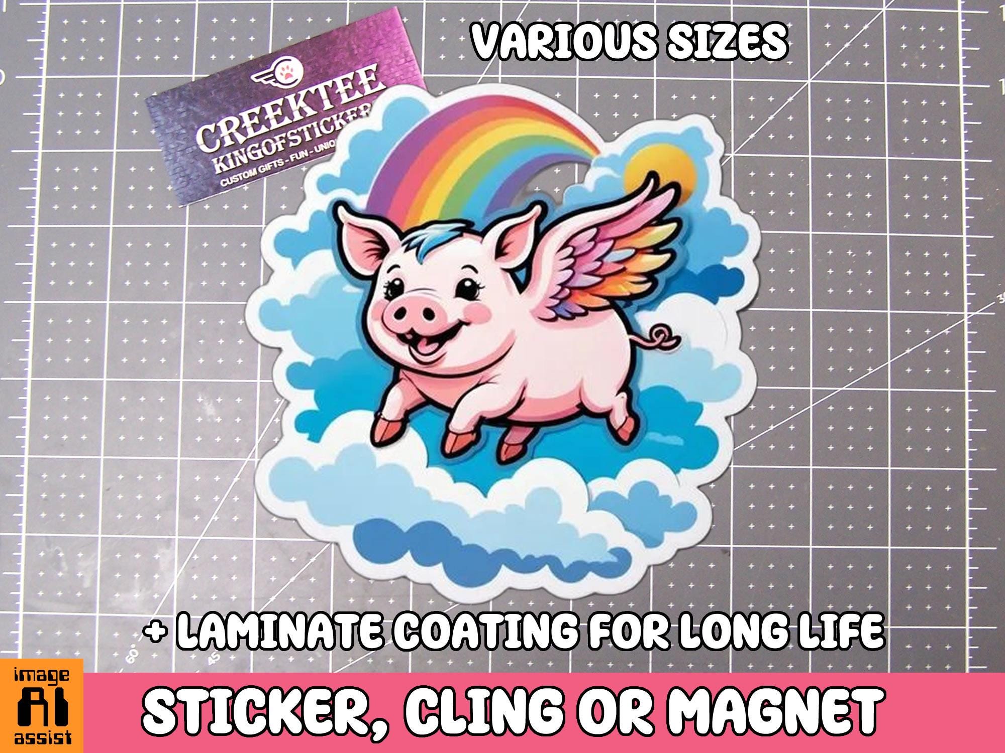 Flying Pig Vinyl Sticker, Window Cling or Magnet in UV Laminate Coating