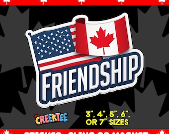 USA Canada Friendship Bumper Sticker, Magnet, Vinyl Sticker or Window Cling, UV Laminate Coating, laptop, water bottle