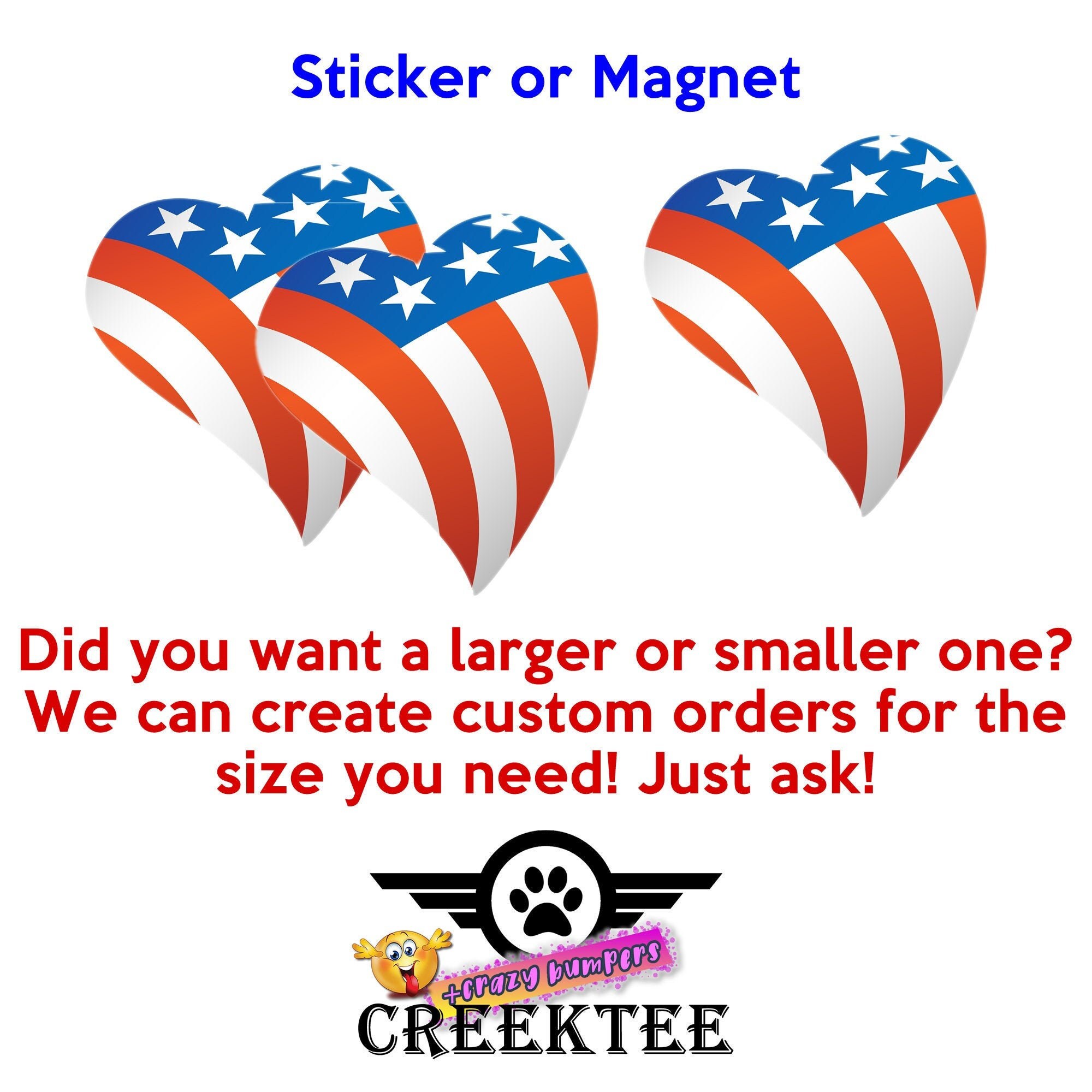 12 USA american pride heart stickers or magnets 2 inch by 2 inch other sizes available ask us for larger sizes and pricing