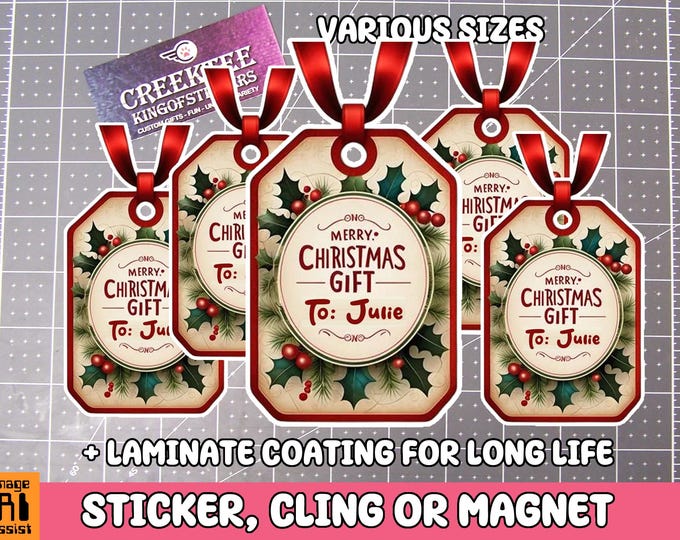 5x Custom Christmas Gift Tags Vinyl Stickers or Magnets in 3", 4" or 5" sizing. Coated with UV Laminate options