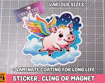 Flying Pig Vinyl Sticker, Window Cling or Magnet in UV Laminate Coating