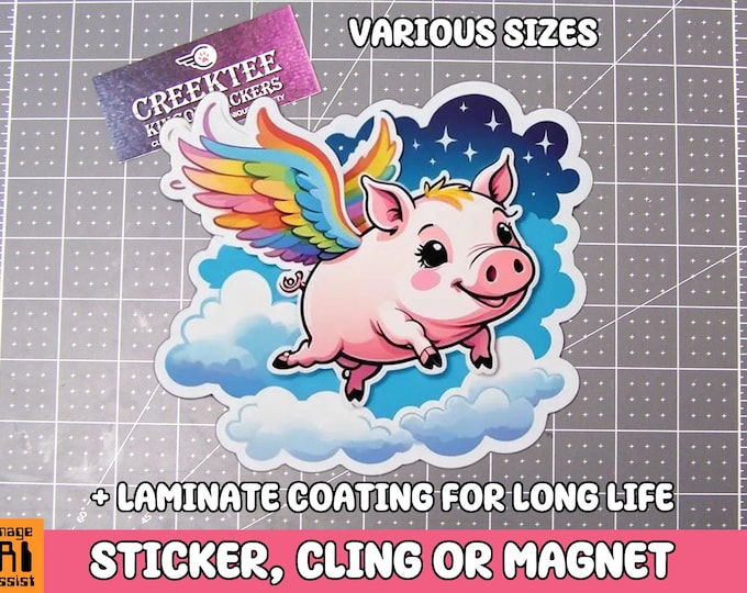 Flying Pig Vinyl Sticker, Window Cling or Magnet in UV Laminate Coating