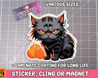 Angry Cat Vinyl Sticker, Window Cling or Magnet in UV Laminate Coating