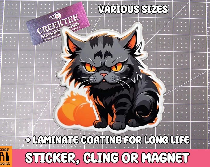 Angry Cat Vinyl Sticker, Window Cling or Magnet in UV Laminate Coating