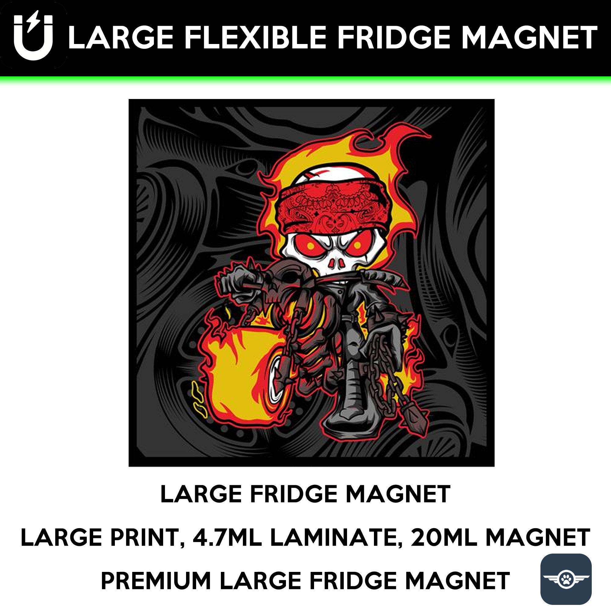 Skull and flames large fridge magnet, large 6 1/2 x 6 1/2 inch premium fridge magnet that stands out. Skull and flames large fridge magnet, large 6 1/2 x 6 1/2 inch premium fridge magnet that stands out.