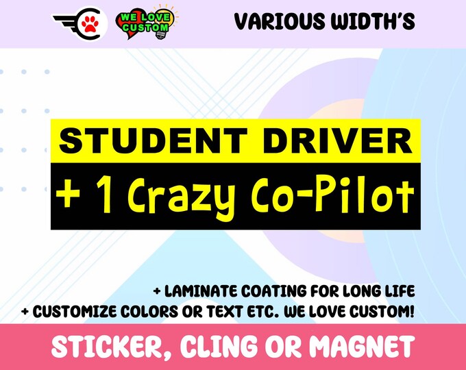 Student Driver + Crazy Co-Pilot Bumper Sticker, Magnet or Window Cling in Various Sizes Choose 10" for Standard Size