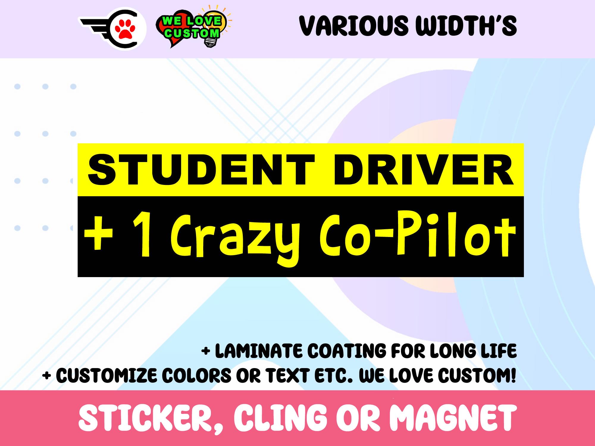Student Driver + Crazy Co-Pilot Bumper Sticker, Magnet or Window Cling in Various Sizes Choose 10
