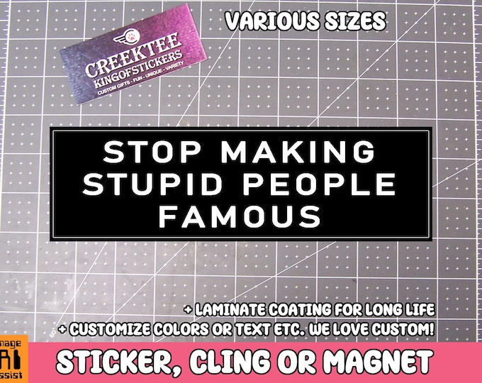 Stop Making Stupid People Famous Vinyl Bumper Sticker Window Cling or Bumper Sticker Magnet in UV Laminate Coating