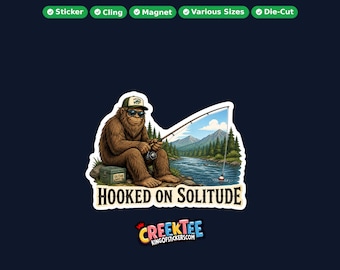 Bigfoot, Sasquatch Fishing Vinyl Sticker, Window Cling or Magnet in UV Laminate Coating