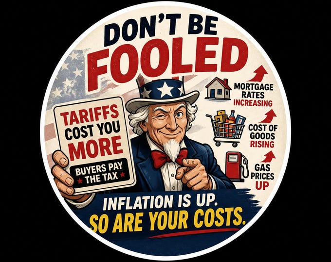 USA Tariffs cost you more Round Bumper Sticker, Magnet, Vinyl Sticker or Window Cling, UV Laminate Coating, laptop, water bottle