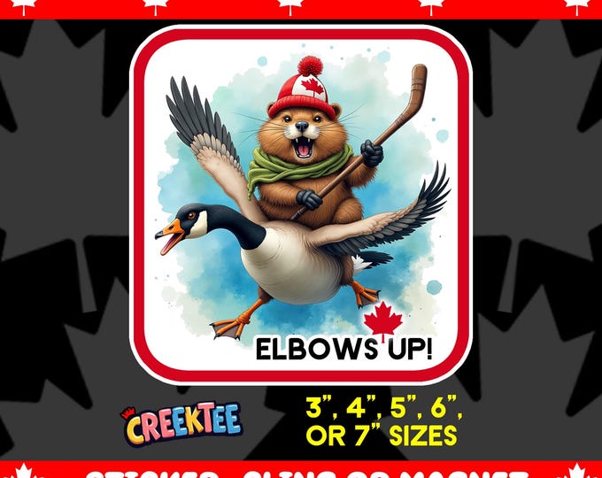 Elbows Up! Canadian Angry Beaver Riding Snowmobile Bumper Sticker, Magnet, Vinyl Sticker or Window Cling, UV Laminate, laptop, water bottle