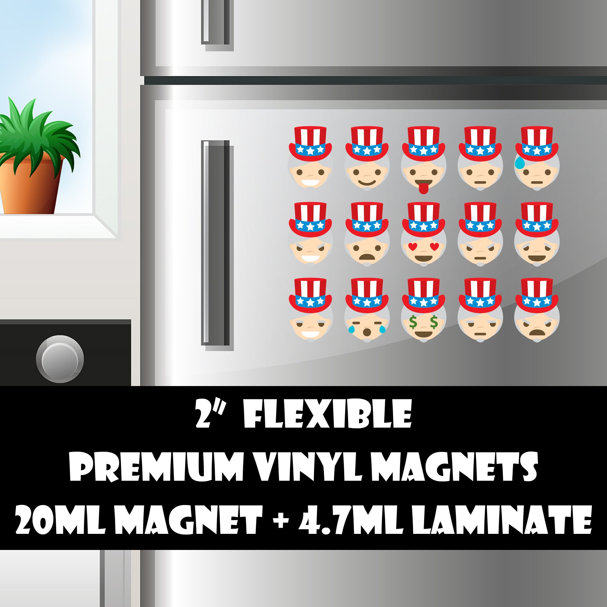 15 2inch uncle sam emoji fridge magnets or stickers standard, photo or vinyl print materials with laminate or magnet options available. 15 2inch uncle sam emoji fridge magnets or stickers standard, photo or vinyl print materials with laminate or magnet options available.