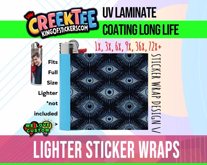 Evil Eye Design 3x Lighter Sticker Wraps, OR your photo, text, or images,  bundles available, with laminate coating. 3x, 6x, 9x, 18x, 36+
