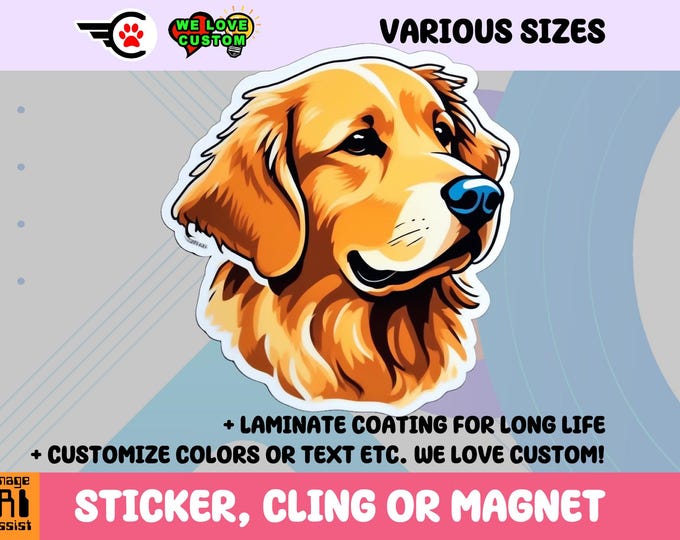 Golden Retriever Vinyl Sticker, Magnet or Window Cling in Various Sizes