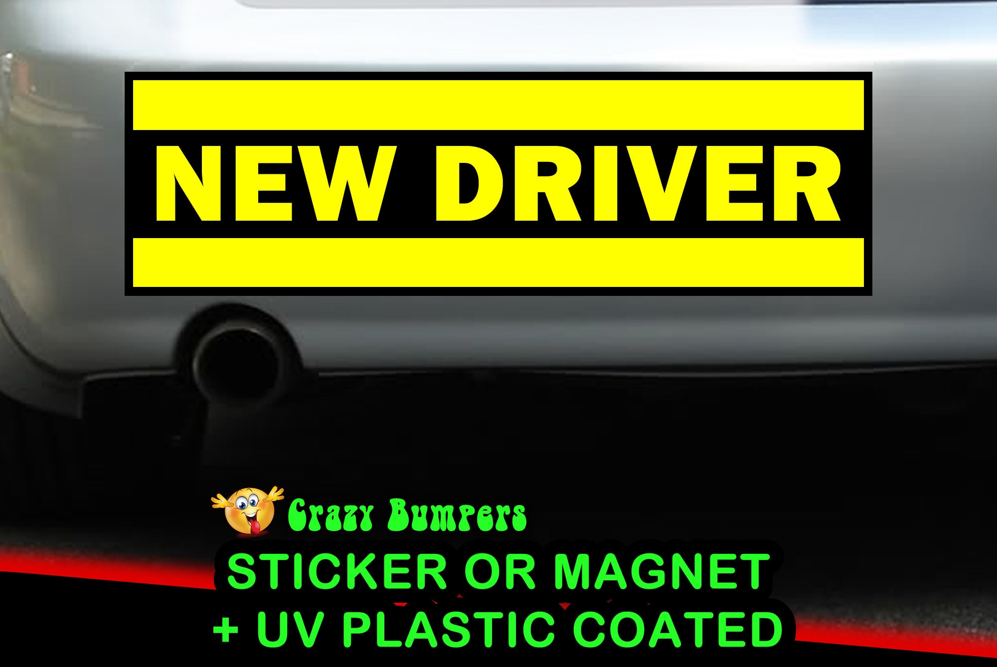 NEW DRIVER YELLOW 10 x 3 Bumper Sticker or Magnetic Bumper Sticker Available NEW DRIVER YELLOW 10 x 3 Bumper Sticker or Magnetic Bumper Sticker Available